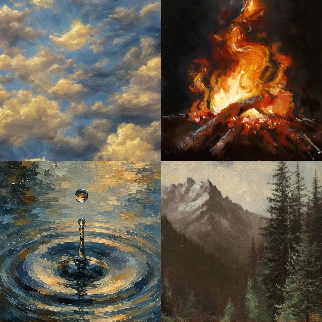 Representação artística dos quatro elementos: ar, fogo, água e terra