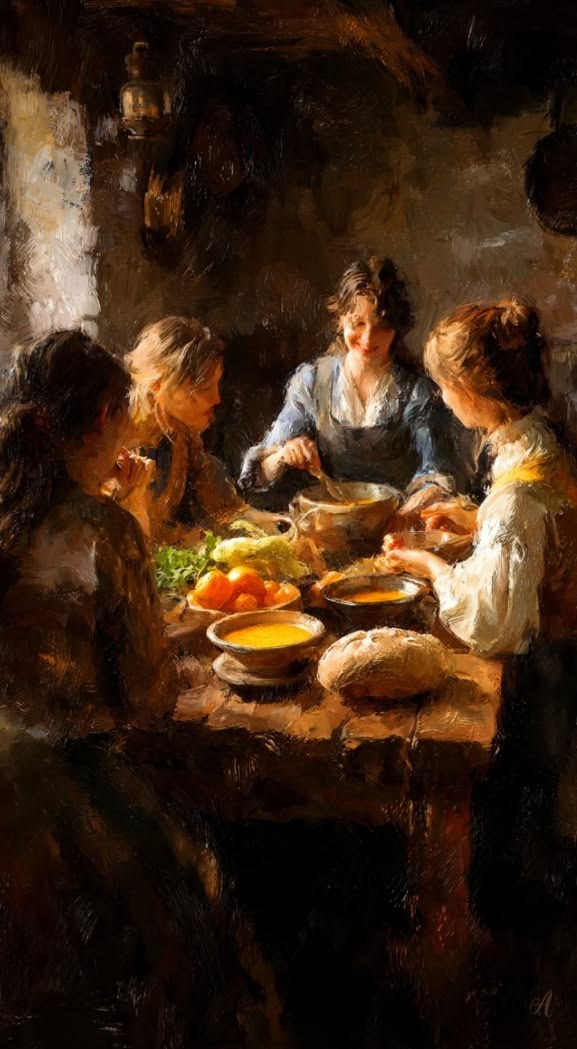 Pessoas reunidas à mesa com alimentos e preparações tradicionais